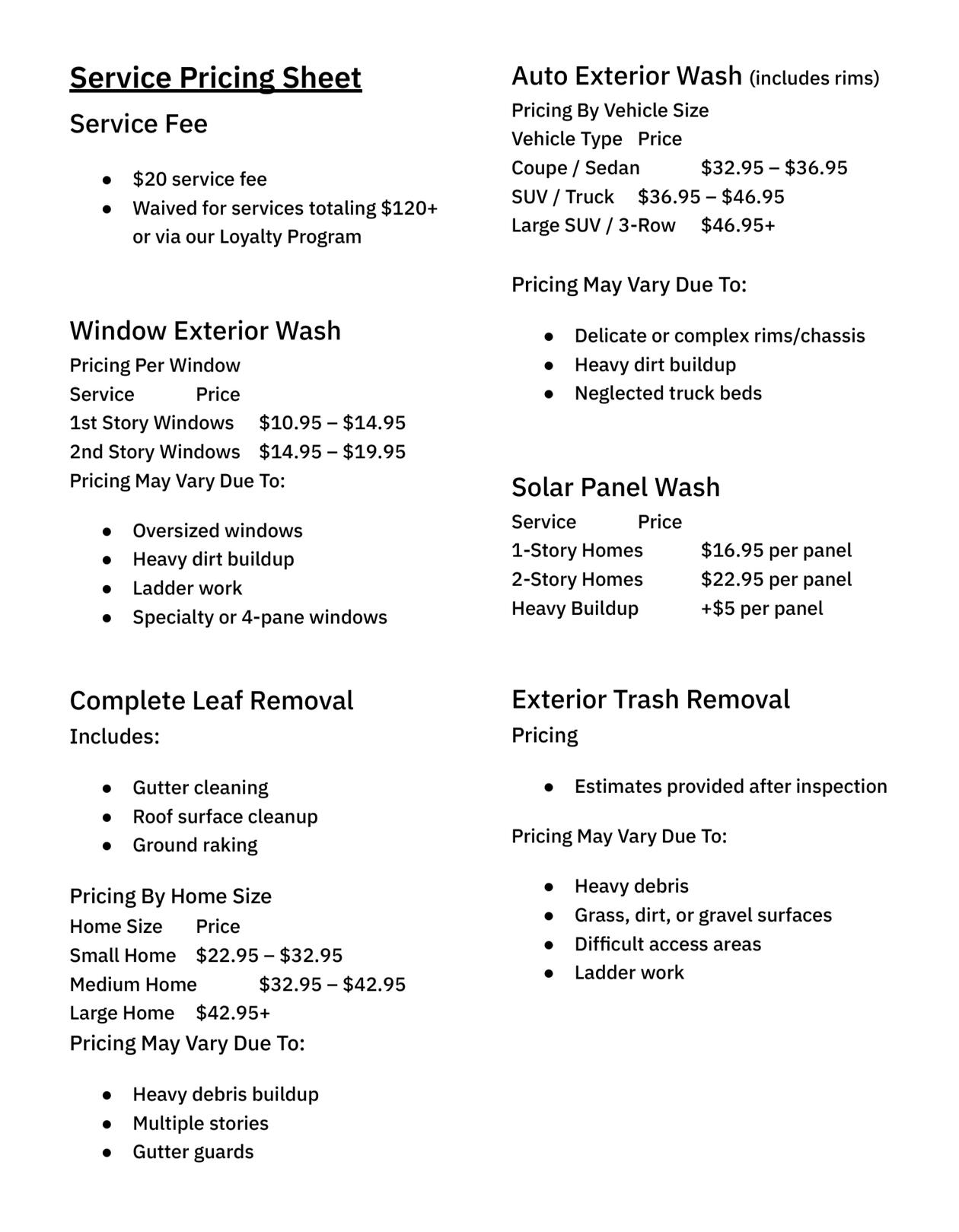 Service Pricing Sheet
